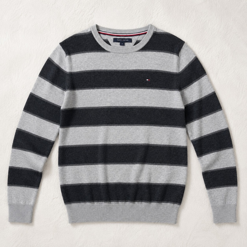 Tommy Hilfiger Mens Medium Striped Crew Neck Sweater Gray Navy Cotton Logo Pullo